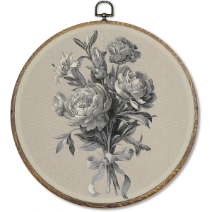 FUGWN Vintage Floral Botanical Round Wall Art Decor Framed, Cottagecore Peony Lily Carnations Flower Canvas Artwork Prints, Retro Floral Wall Hanging Decorations for Home Bedroom Room, 10x10 Inch