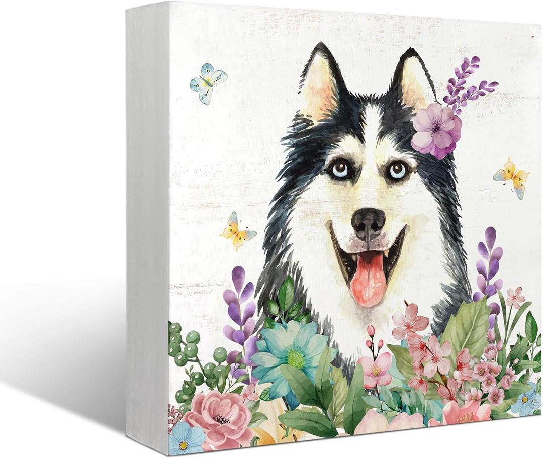 Mtrgdn Dog Decor,Dog Mom Gifts for Women,Dogs Lover Gifts,Flowers Husky Wooden Box Sign Desk Decor,Farmhouse Home Office Desk Shelf Wall Decoration,5x5 Inch