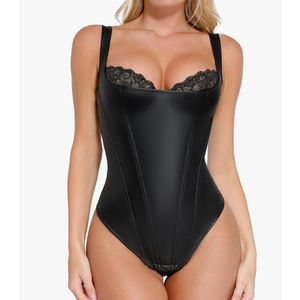 Popilush Body Suits for Womens - Tummy Control Shapewear Bodysuits Leather Corset Tops Lace Thong Body Shaper (XL)