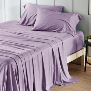 Bedsure Queen Sheet Set, Rayon Derived from Bamboo, Cooling Sheets, Breathable & Soft, Deep Pocket Up to 16 Inches, Hotel Luxury Silky Bedding for Hot Sleepers, Lilac