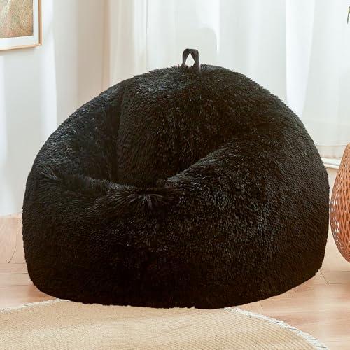 Black fuzzy bean bag chair covers (No Filler), comfy Shaggy Black bean bag chair Cover for bedroom, stuffed animal Storage, kids adults teens girls bean bag chairs, Anti-Slip