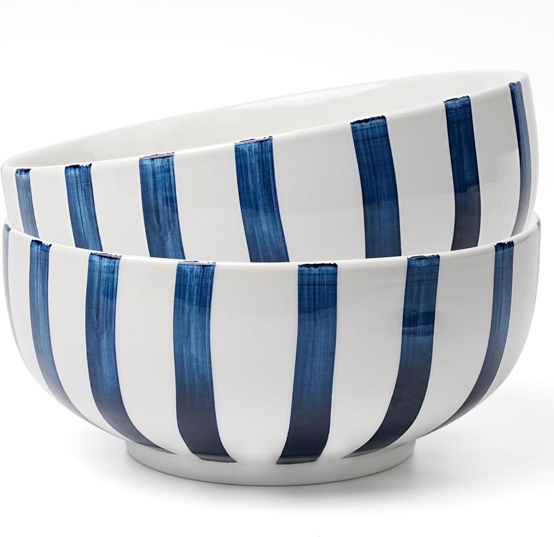 Salad Bowl,Serving Bowls,Soup Bowls, Large Serving Bowl Set of 2,Blue-Striped Ceramic Bowls Serving Dishes for Entertaining,Dishwasher & Microwave Safe.