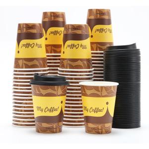 Tamone 100 Pack 12 oz Thanksgiving Cups Fall Disposable Coffee Cups with Lids, Paper Coffee Cups with Lids, Cold/Hot Drinking Paper Cups for Coffee, Water, Juice or Tea, Disposable Paper Cups for Home (Dark Brown)