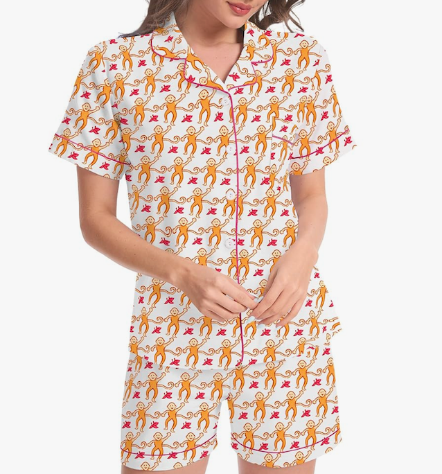Ammiko Womens Pajamas Set Y2k Loungewear Pajama Button Down Top and Shorts Monkey Beach Short Sleeve Sleepwear Preppy (Top XXS) (Bottom XS)