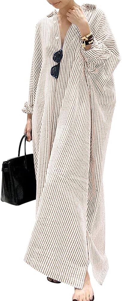 chouyatou Women's Casual Long Sleeve Button Down Loose Striped Cotton Maxi Shirt Dress (Medium, Khaki)