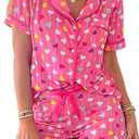 Women 2 Pieces Heart Floral Bow Pajama Sets Button-Down Short Sleeve Shirt Ruffle Short Sleepwear (XL)