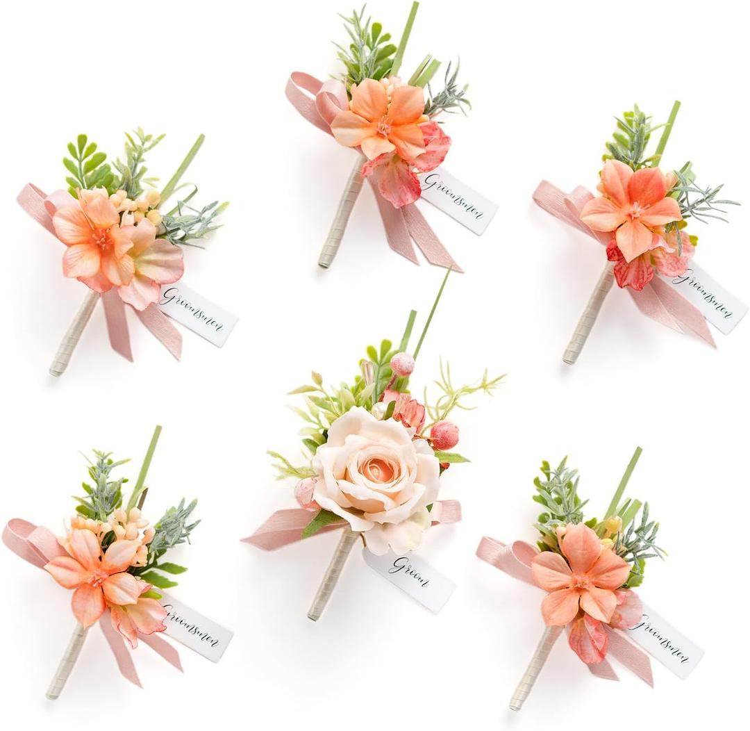 Ling's moment Boutonniere for Men, 6pcs Groom Groomsmen Boutonniere, Artificial Flowers for Wedding Decor/Prom/Homecoming, etc.Blush Garden Pink