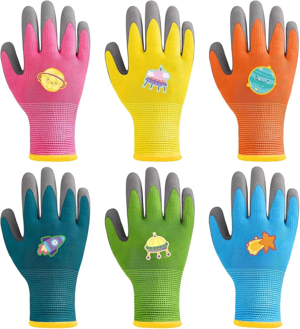 6 Pairs Children Gardening Gloves Toddler Yard Work Gloves Kids Rubber Coated Soft Gloves for Youth Girls Boys
