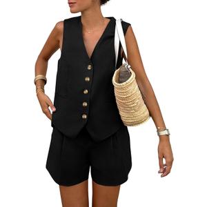 PRETTYGARDEN Women's Summer 2 Piece Outfits Sleeveless Matching Sets Button Down V Neck Vest Waistcoat and Pockets Shorts (Medium, Black)