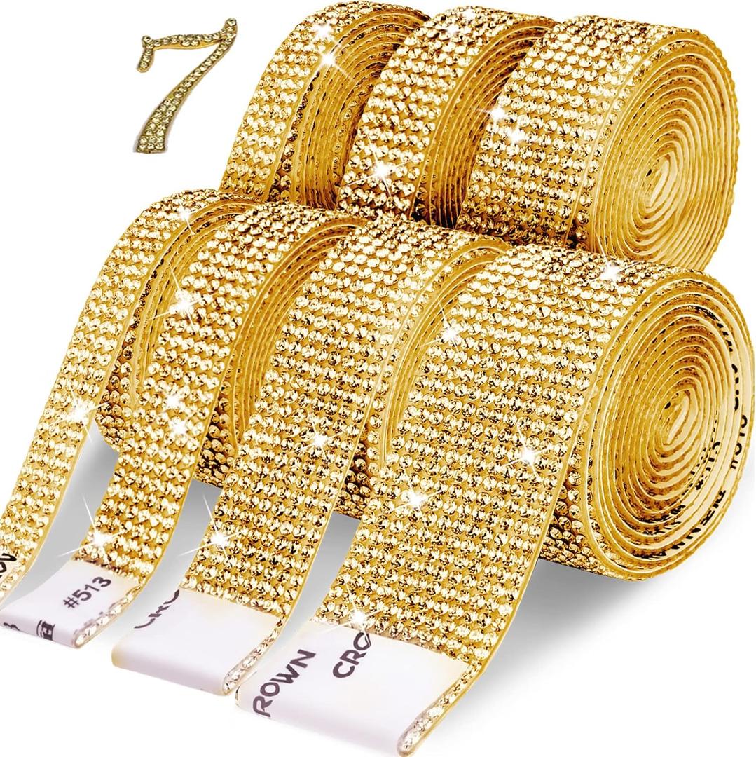 Rhinestone Ribbon 7 Rolls 7 Yards Self Adhesive Diamond Bling Rhinestones Strips, Crystal Rhinestone Tape Diamond Ribbons Wrap Glittering Stickers for Crafts Arts Car DIY Decoration, Gold, 4 Size (7 Yards(0.35"/0.51"/0.67"x2yd+ 1"x1yd))