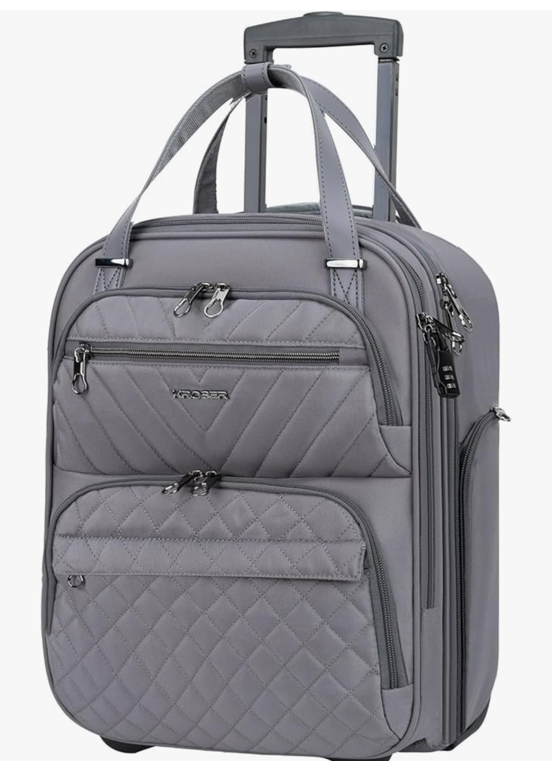 KROSER Carry On Underseat Multi-functional, 16-inch Underseater Lightweight Overnight Suitcase for Men Women, Grey