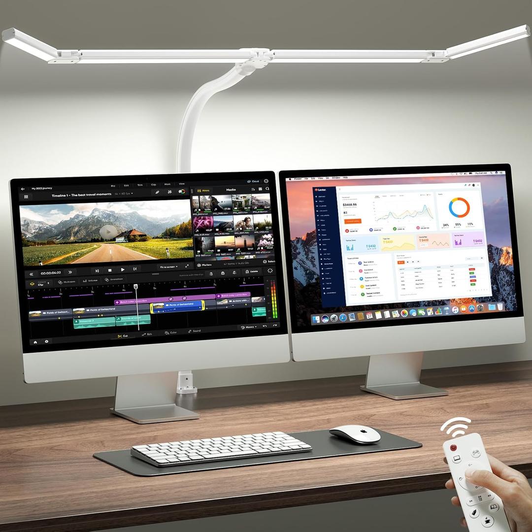 ONEMIX 42" LED Desk Lamp with Clamp, Architect Desk Light with Remote, Adjustable 4-Segment Bar, 1800LM Bright, Eye-Caring Desk Lamp for Home Office, Reading, Study, Dual Monitors, Workbench (White)
