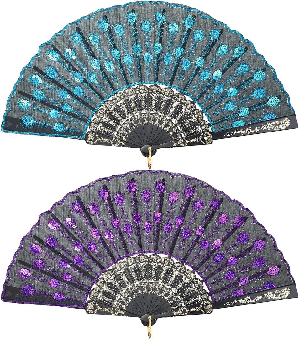 Jetec 2 Pieces Handheld Folding Fan Sequin Fabric Folding Lace Trim Fabric Rave Fan for Line Dancing Flamenco Spanish 1920s Costume Decoration(Purple, Blue)