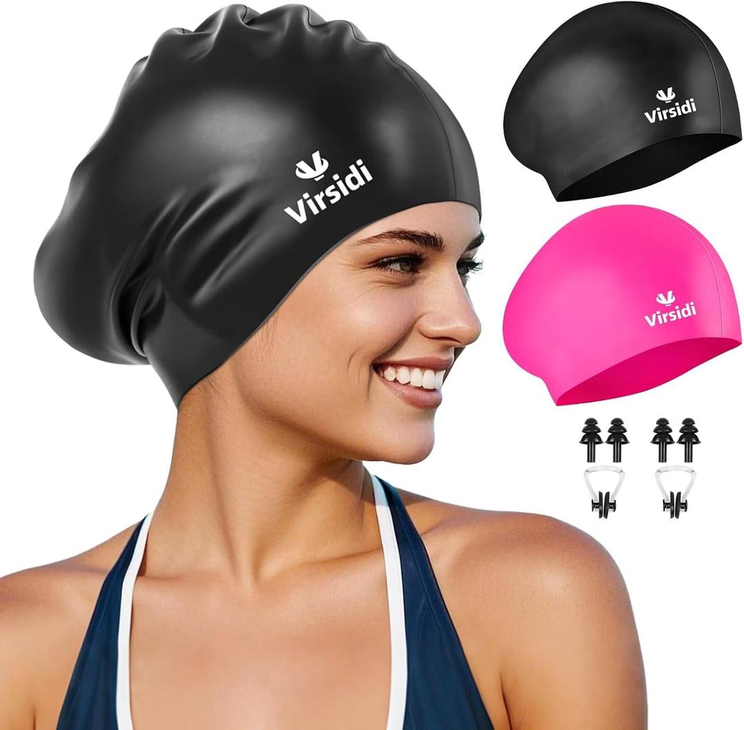 2 Pack Swim Cap for Women Men Adult, Silicone Swimming Caps for Short Long Hair, Waterproof Swim Hats Bathing Caps to Keep Hair Dry with Nose Clip and Earplugs, One Size
