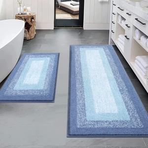 Bsmathom Bath Mats Set of 2, Non Slip Absorbent Bathroom Mats, Machine Washable with U-Shaped Toilet Mat, Light Blue (18"x26"+18"x48")