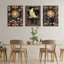 3pcs Celestial Sun and Moon Canvas Wall Art Crescent Moon Tarot Picture Botanical Wildflowers Painting Posters Astrology Gothic Print Aesthetic Artwork for Living Room Bedroom Decor 12x16in canvas (16L" x 12W")