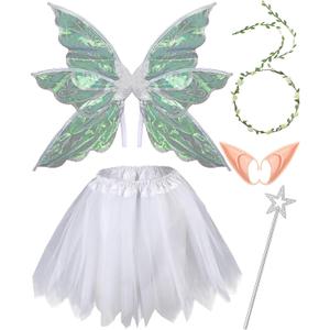 Hicarer Women Butterfly Fairy Wing Costume Set Wing Elf Ear Flower Crown Star Wand Tutu Skirt for Halloween Carnival Cosplay