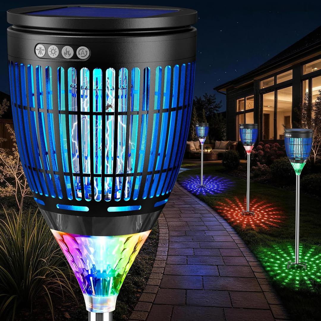 All in 1 Solar Bug Zapper Outdoor, Flame & Projection Mode, Auto/Manual Modes, 4200V Electric Mosquito Killer with High Powered, IPX5 Waterproof Rechargeable Fly Insect Trap for Patio Garden Yard RV