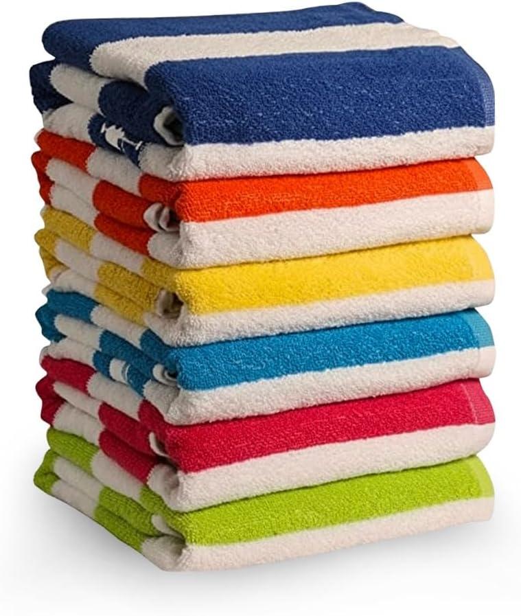 QUBA LINEN 100% Cotton Beach Towels, Cabana Stripe Beach Towel, Large Pool Towels, Highly Absorbent, Light Weight, Soft and Quick Dry Swim Towels, for Parties, Guests (Pack of 6)