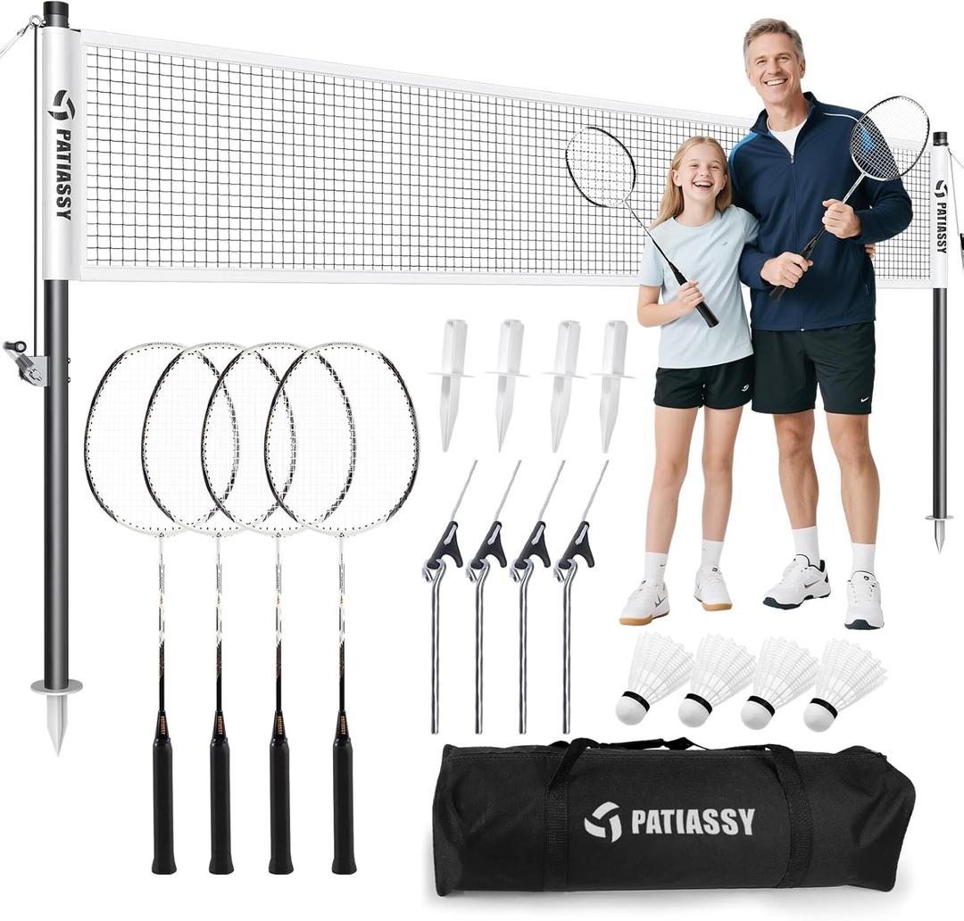 Professional Badminton Set with Carbon Aluminum Rackets (Set of 4), Portable Outdoor Badminton Net with Winch System, 4 Nylon Shuttlecocks and Bag (White)