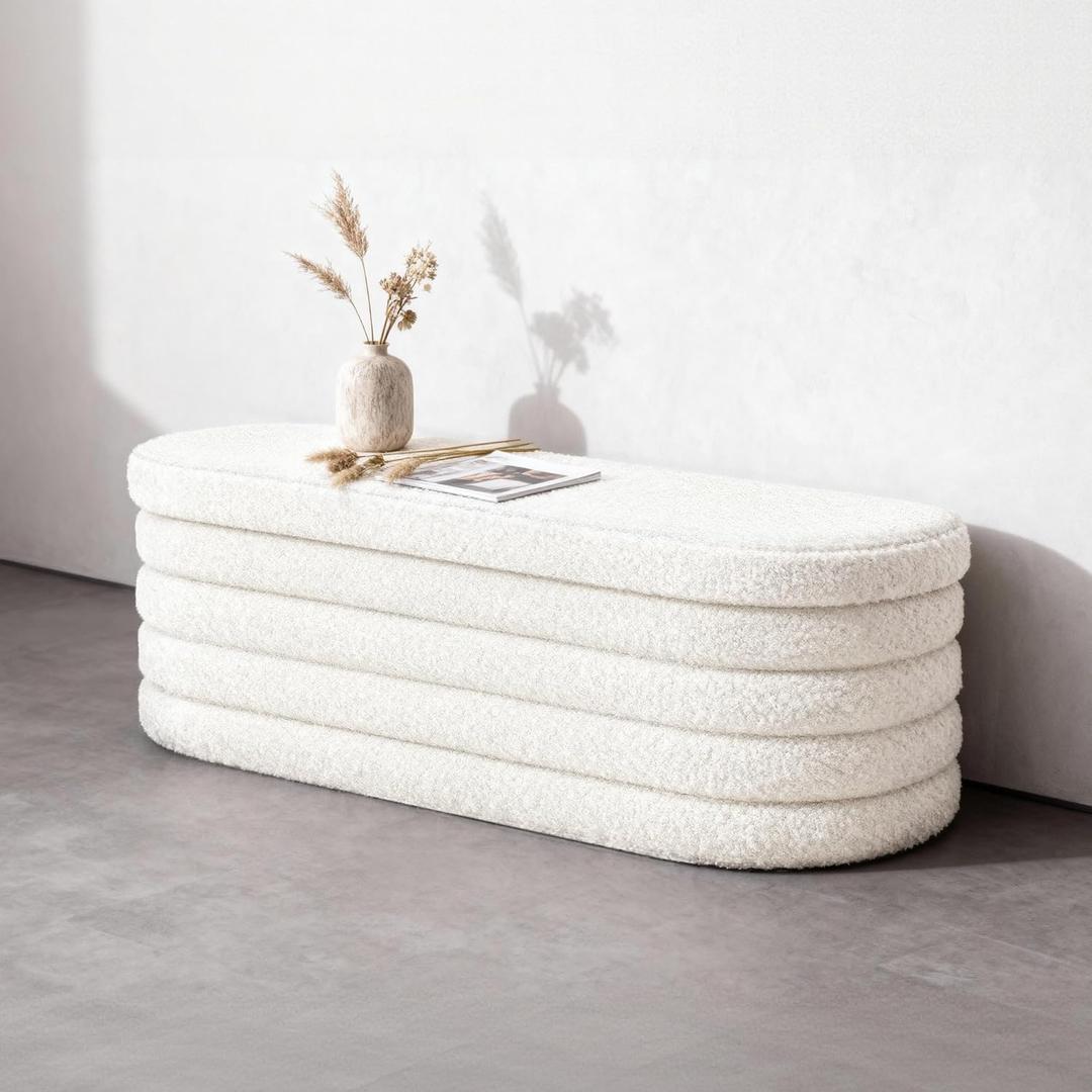 GLAXYFUR Storage Ottoman Bench, 43 Inch Upholstered Entryway Shoe Seat, End of Bed Stool Blanket Chest for Living Room, Hallway, Sherpa White, 43.3"D x 15"W x 15"H