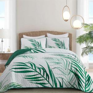 Goodidea Botanical Quilt Set Queen,3 Pieces Green Palms Tree Bedspread Reversible Lightweight Soft Microfiber Bedding Set with 2 Pillowcases for All Season(Queen,96"x90")