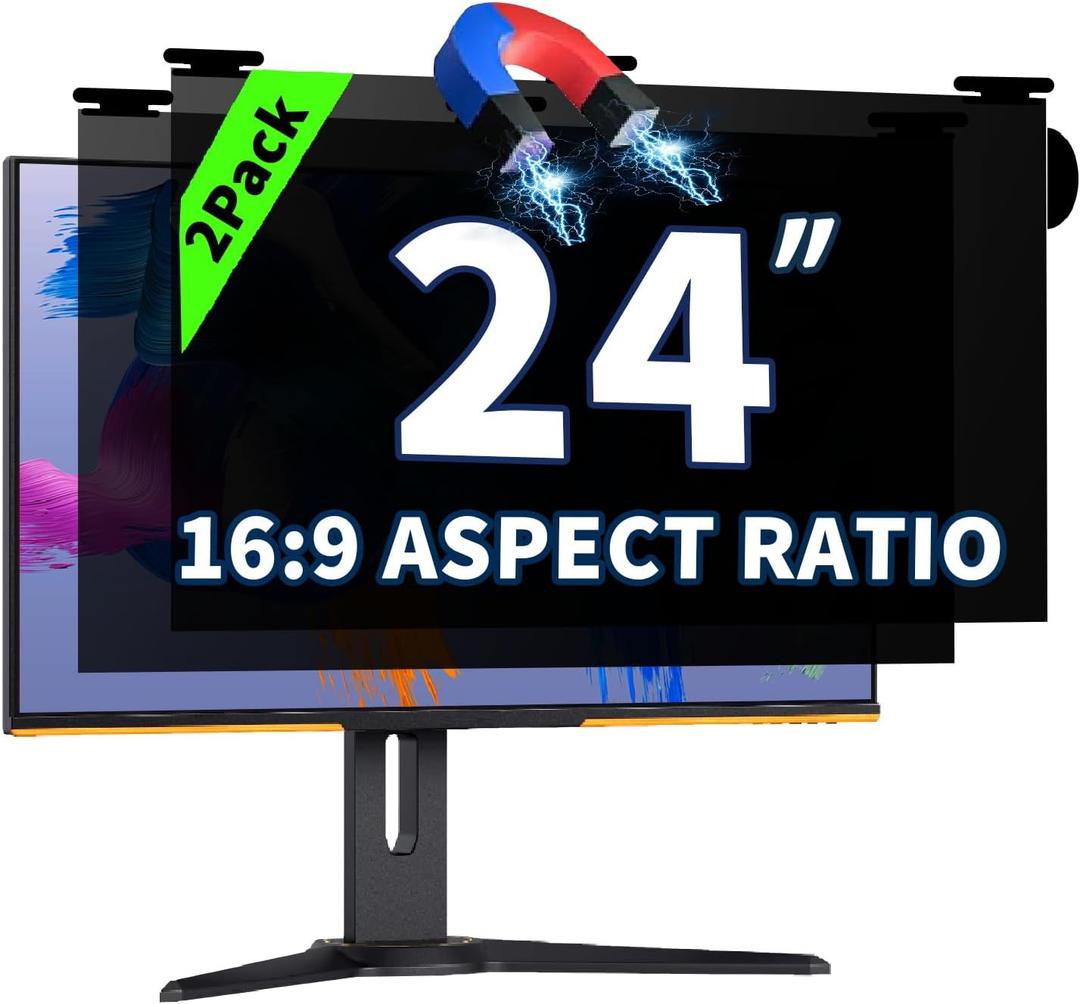 2 Pack Magnetic Hanging Computer Privacy Screen 24 Inch for 16:9 Widescreen Monitor, Removable Privacy Screen Anti Glare Blue Light Computer Screen Privacy Shield, Anti-Scratch 24in Protector Film