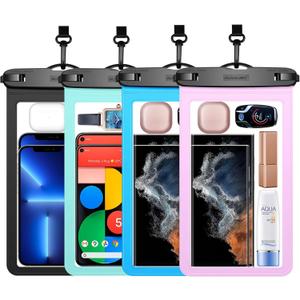 4 Pack 10.5 Large Waterproof Phone Pouch - Underwater Clear Cell Holder - Universal Water Proof Dry Bag with Neck Lanyard for iPhone 16 Pro Max Samsung Galaxy with Heavy Case for Beach Swimming Pool (Black+Blue+Green+Pink)