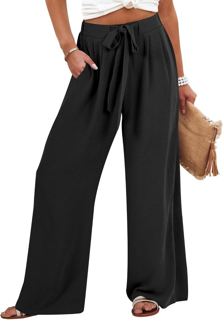 Caracilia Wide Leg Palazzo Pants for Women Summer High Waist Flowy Loose Casual Lounge Trousers Beach Travel Vacation Clothes (X-Large, Black)