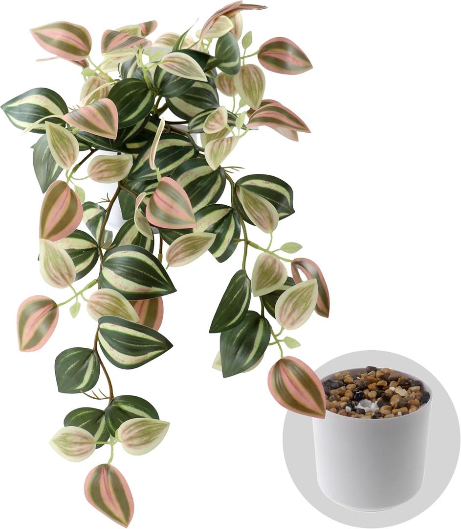 Fake Plants Indoor Artificial Hanging Plants with Pot, Potted Silk Greenery Faux Watermelon Peperomia Ivy Draping Plant for Home Office Desk Living Room Bedroom Wall Shelf Decor (Green, Light Pink)
