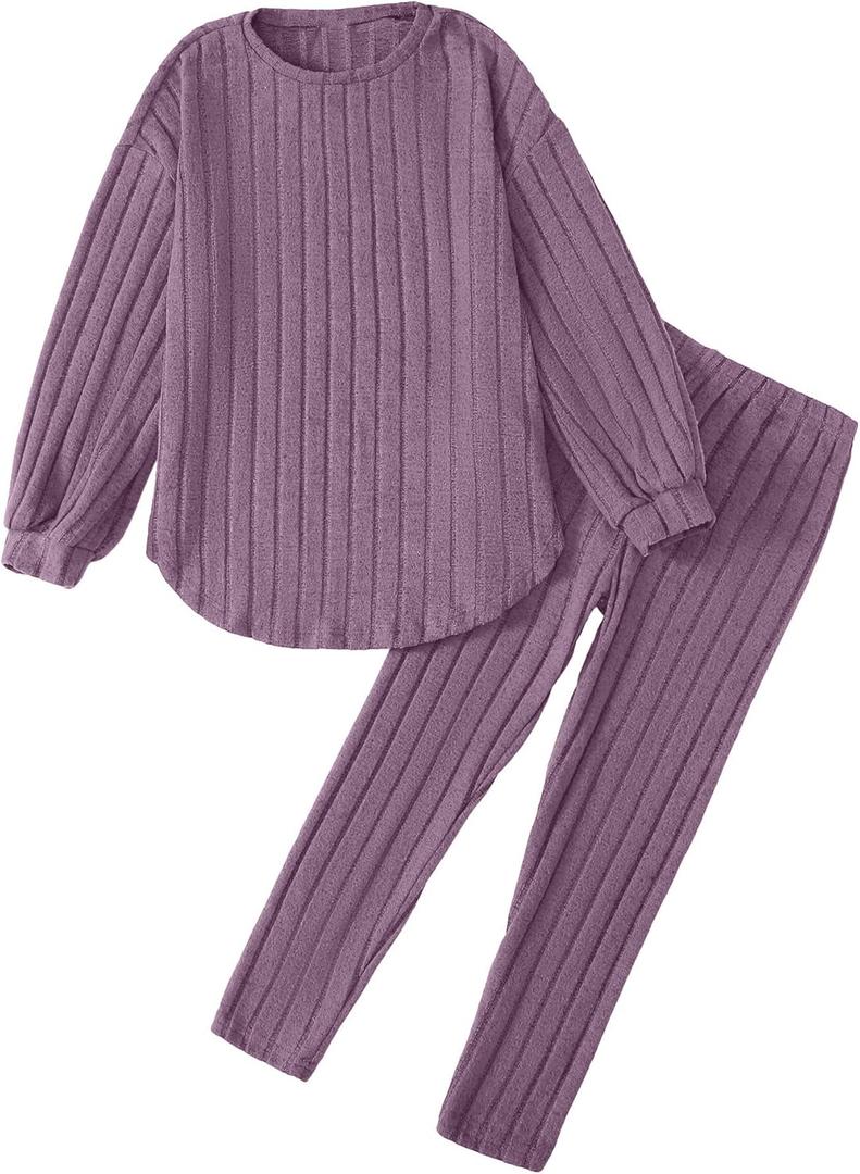 DEFAHN Toddler Girl Fall Clothes Set Warm Soft 2-piece Long Sleeve Ribbed Knit Tee & Leggings Winter Drop Shoulder Girl Set (Purple)