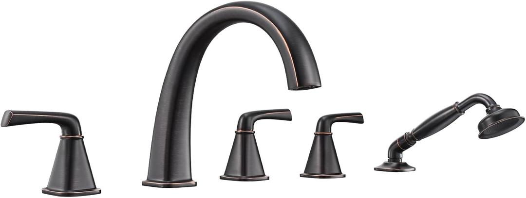 High Flow Roman Tub Faucet with Sprayer, Oil-Rubbed Bronze Deck Mount Bathtub Faucet 5 Hole with Valve, Solid Brass 3-Handle Widespread Bathtub Faucets with Hot & Cold Supply Lines