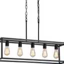 AMZASA Black Rectangle Kitchen Island Lights Rectangular Modern Industrial Chandelier for Dining Room 5 Lights Linear Vintage Cage Light Fixtures UL Listed