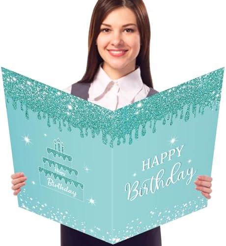 CHUNNIN Jumbo Birthday Guest Book Greeting Cards Teal Silver Large Gifts Card With Envelope Supplies Teal Giant Guest Book Signs for Girl Women Glitter Birthday Party Decorations