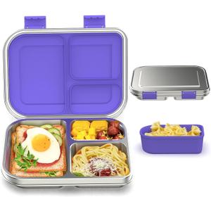 BABHAMNESS Stainless Steel Bento Box Kids, 3 Compartments Leak Proof Metal Bento Lunch Box, 304 Stainless Steel Bento Lunch Containers for School and Office,Dishwasher Safe, BPA-Free-Purple