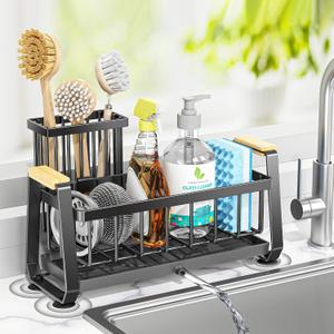 Doasuwish Sponge Holder for Kitchen Sink with Dish Brush Holder, Rustproof 304 Stainless Steel Sink Caddy for Kitchen Countertop Accessories & Storage (Black)