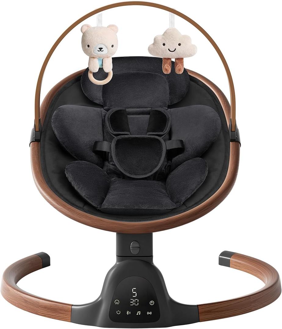 Baby Swings for Infants, Electric Infant Swing with 5 Speed Modes, 5-Point Harness, 3 Timer Settings, Built-in Lullabies & Bluetooth, Portable Modern Swing for Indoor & Outdoor (Black)