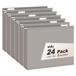 ViVin Hanging File Folders, 1/5-Cut Adjustable Tabs with 24 Per Box, 2 Inch Expansion, 24 Pack Letter Size Hanging File Folders, Designed for Office Home School Filing Cabinet (Gray)