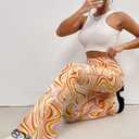 WDIRARA Women's Marble Printed Flare Pants High Waisted Elastic Waist Casual 70s Disco Long Pants (XL)