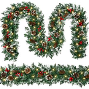 9 FT Christmas Garland with Lights,Battery Operated Lighted Garland with Pine Cones Red Berries Lush Branches,50 LED Lights 8 Modes,Christmas Decor Mantle Fireplace Indoor Outdoor Home