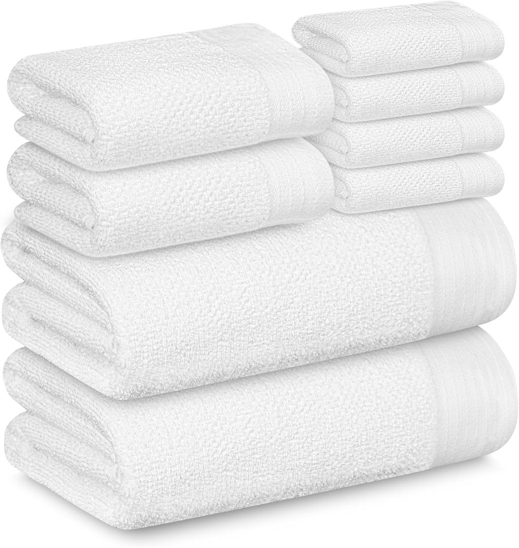 Tens Towels Pack of 8 Popcorn Textured Luxury Towels Set, 2 Extra Large Bath, 2 Hand, 4 Washcloths, 100% Cotton, Plush Hotel Quality, Super Absorbent, Perfect for Your Bathroom, White