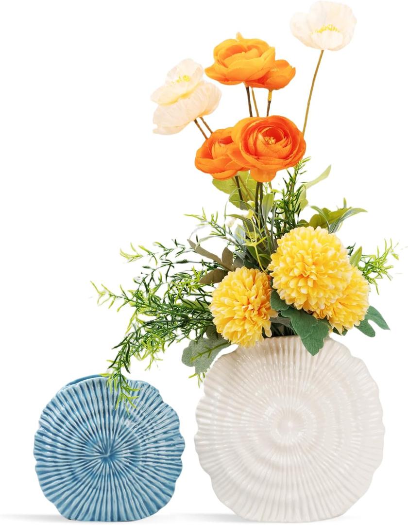 Coastal Vase Set of 2 - Seashell Decor Centerpiece for Shelf & Coffee Table, Blue and White Modern Ribbed Ceramic Flower Vase Home Accents with Shell Design, Beach Decor