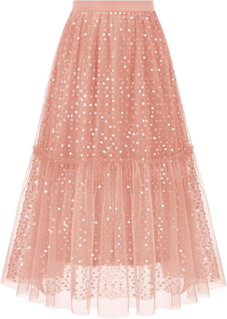 Sequin Tulle Skirts for Women Sparkly Midi Flowy A-Line Party Skirt Layered Skirts (Pink, M)