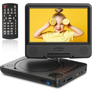 WONNIE 9.5" Portable DVD Player for Kids with 7.5" Swivel Screen, 6 Hours Rechargeable Battery, Car DVD Player with AV in/Out, Dual Speakers, Remote Control, Support USB/SD Card/Sync TV, All Regions