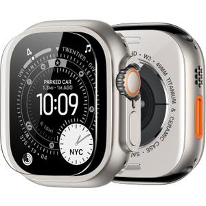 amBand for Apple Watch Ultra 2/Ultra Screen Protector 49mm, W1 Metal Case Rugged Bumper Titanium Frame + 9H Tempered Glass Film + Ceramic-Like Back Cover, Keep Original, Waterproof, Natural Titanium