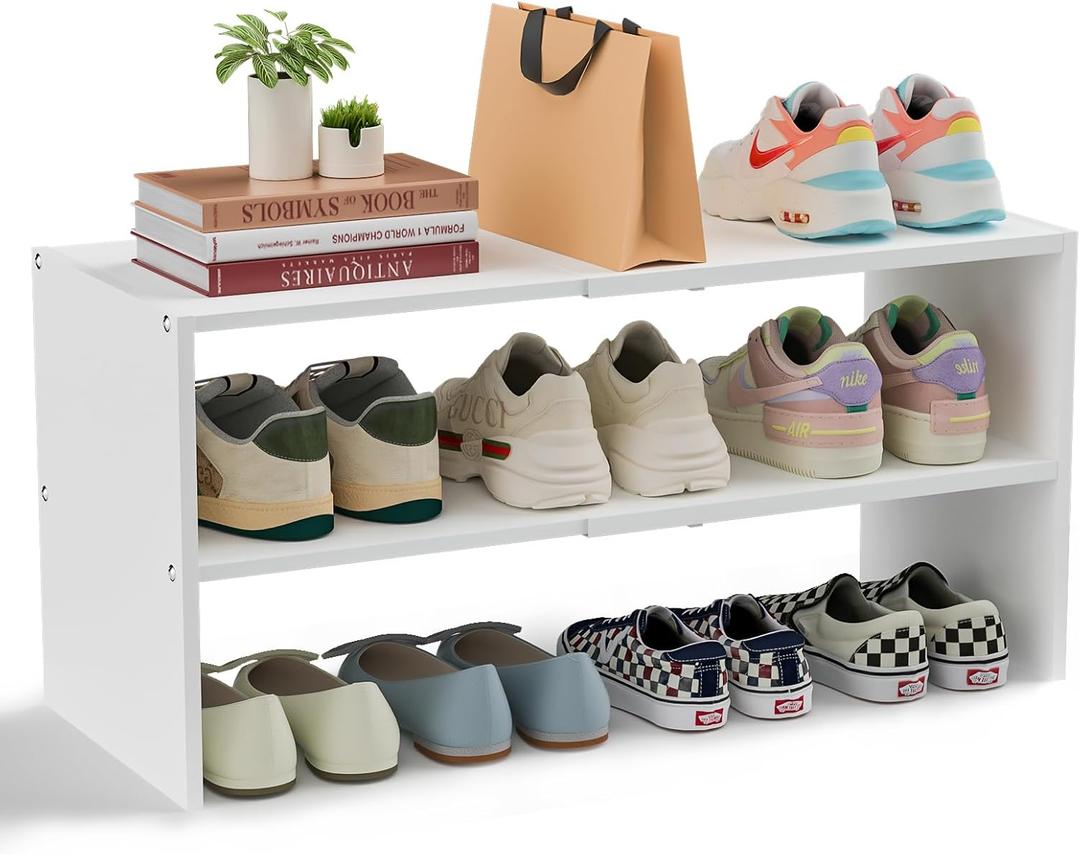 White Shoe Rack Organizer for Closet, 2-Tier Expandable Shoe Shelf, Stackable Iron Wood Combination Small Shoe Racks Shelves for Closets, Entryway, Small Space,Hallway,Garage,6-12 Pairs, Patent Pending