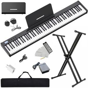 NikoMaku 88 Keys Piano Keyboard Semi-weighted Compact Portable Digital Piano Set for Beginners with Stand, Carrying Case, Sustain Pedal, Headphones, SWAN-S Black