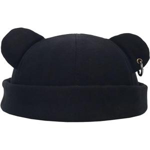 Fall Winter Beanie Hats for Women Men Bear Ear Skull Cap Brimless Cap Adjustable Docker Cap (Black)
