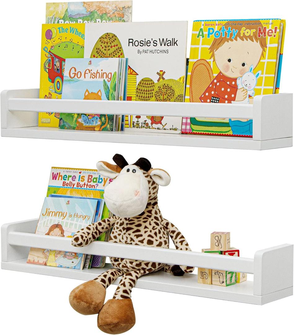 Fun Memories Nursery Book Shelves, 24Inch Floating Shelf for Wall, Wall Bookshelf for Kids Solid Wood Wall Mounted Shelves for Books,Toys and Decor Storage, Set of 2 (White)
