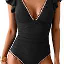 Aidonger Women's One Piece Ruffle Swimsuit Tummy Control Bathing Suit V Neck Shell Stitched Swim Suit Slimming Swimwear (Black, L)